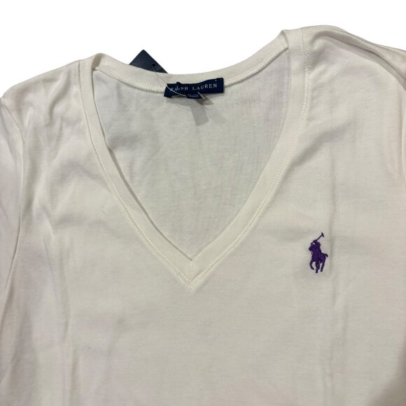 Polo Ralph Lauren Classic V-Neck T-Shirt – White with Purple Pony Logo - Picture 3 of 5